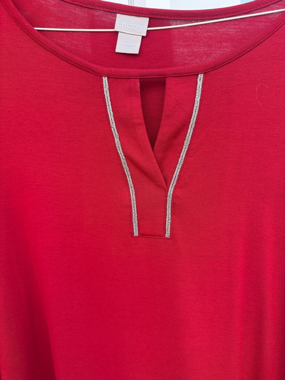 Chico's Bright Red Split-Neck Short Sleeve Top with Metallic Trim